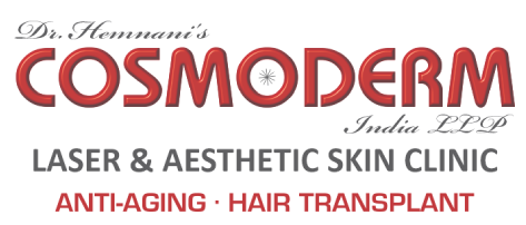 Logo of Dr. Hemnani’s COSMODERM Laser & Aesthetic Skin Clinic, with a focus on anti-aging and hair transplant services.