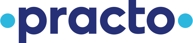 Practo logo with dark blue text and light blue dots on each side