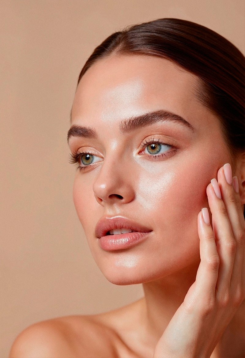 Close-up of a woman with glowing, healthy skin after dermatology treatment.