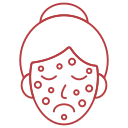 Red outline icon of a sad-faced woman with acne or blemishes on her skin.