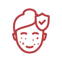 Red outline icon of a smiling face with clear skin and a checkmark shield symbol.