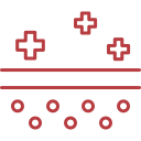 Icon showing exfoliation process with small dots below a horizontal line and plus signs above the line.