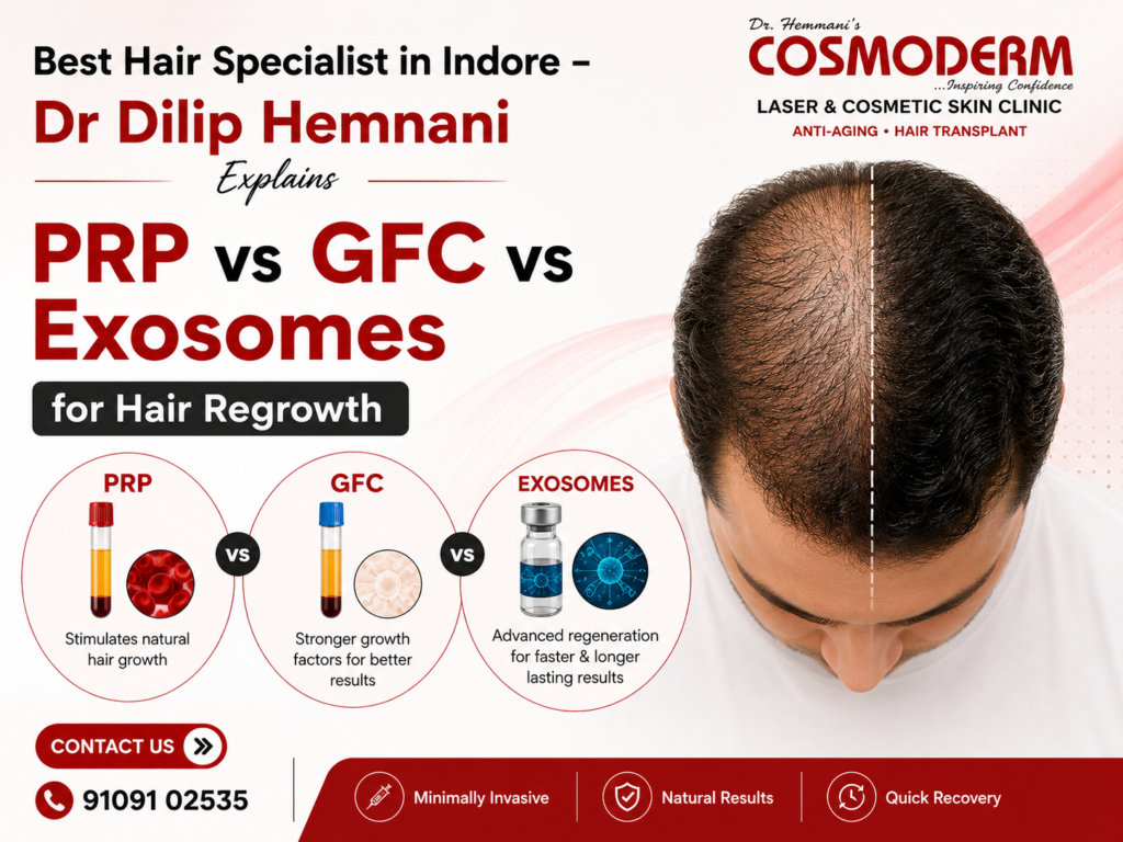 Infographic comparing PRP, GFC, and exosome treatments for hair regrowth, featuring a before-and-after hair density illustration and Cosmoderm Clinic branding.
