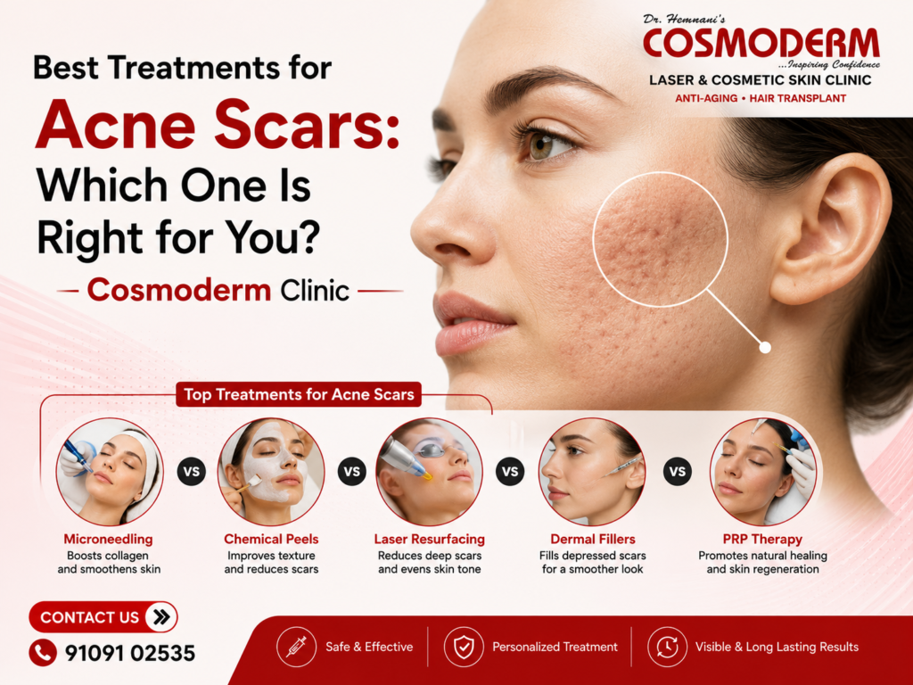 Best treatments for acne scars infographic showing microneedling, chemical peels, laser resurfacing, dermal fillers, and PRP therapy at Cosmoderm Clinic.